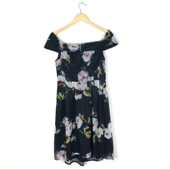Black Floral Dress Medium Lumier by Bariano off shoulder - Picture 2 of 7